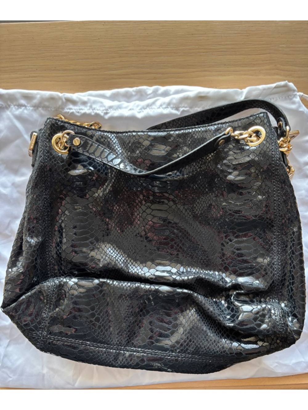 Michael Kors Black Patent Snake-Embossed Shoulder Bag with Gold Hardware